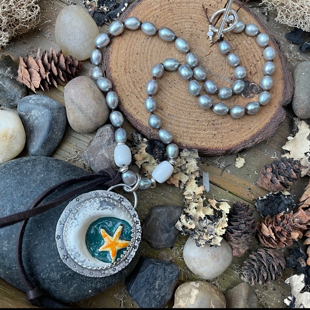 Handmade Freshwater Pearl White Buffalo artisan moon and star necklace